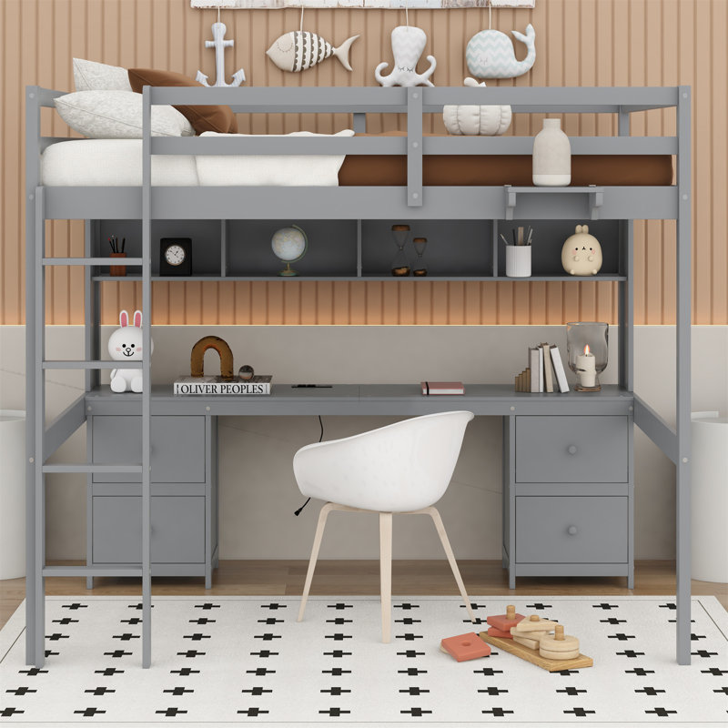 Lit mezzanine double avec tiroirs Jaquela Kids, Gris