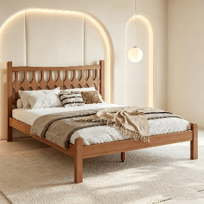 Bamboo Platform Bed Frame, Platform Bed with Diamond-shaped headboard, Solid Bamboo-made Bed Frame with Support Slats,  No Box Spring Needed, Heavy Duty Bamboo Bed Frame for Bedroom, Guest Room, Apartment