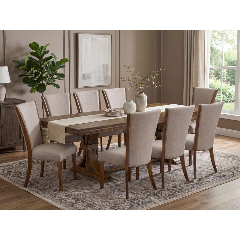 L'ensemble de table de salle à manger 9 pièces comprend une table de cuisine et 8 chaises de salle à manger en tissu de lin brun clair avec dossier capitonné - Finition noyer antique