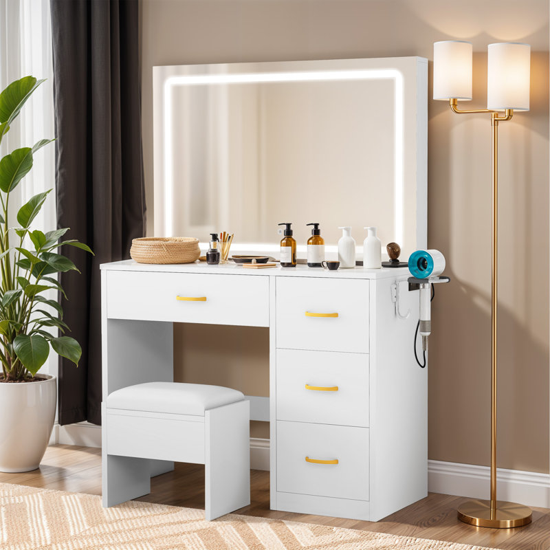 Coiffeuse élégante avec prises intégrées et miroir DEL, Blanc