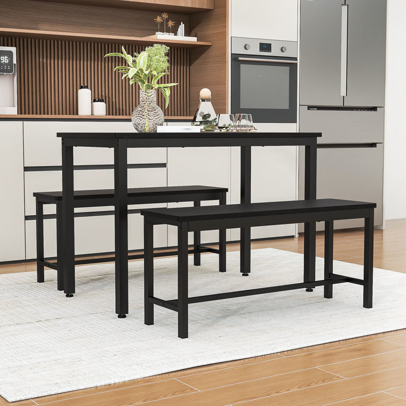 3-Piece Dining Table Set, Industrial Rectangular Table with 2 Benches and Durable Metal Frame, Gray