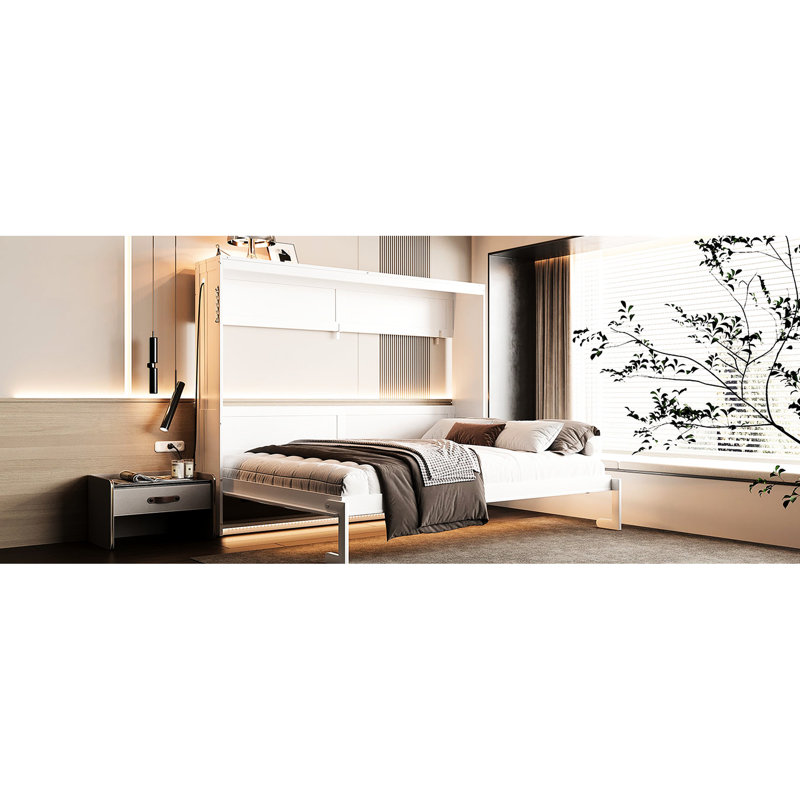 Modern Queen-Size Bed, White, Pattern, Led Under, Outlet , Print, Under, Built-In