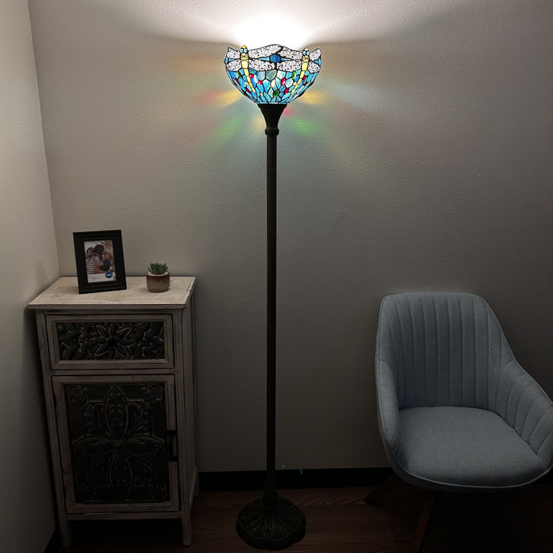 Harre Tiffany Torch Floor Lamp Stained Glass Dragonfly LED Bulb Included 12"W*12"D*66"H