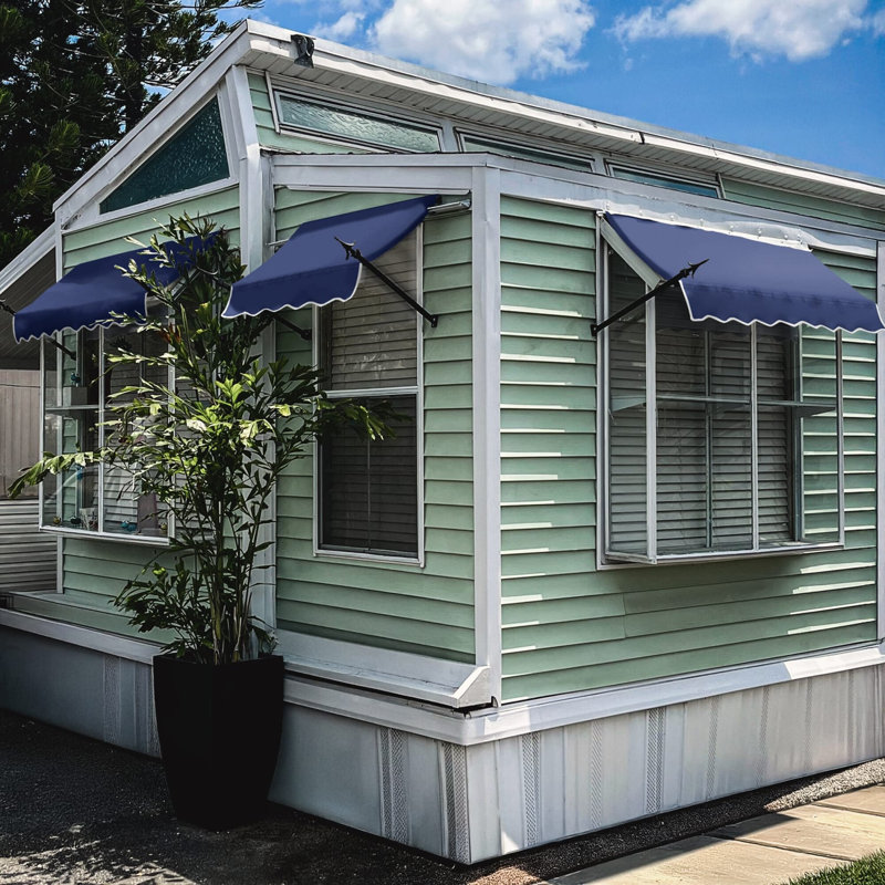 Awntech New Orleans Acrylic Fabric Fixed Awning with Iron Spear Arms, 24" H x 52.5" W x 16" D, Navy
