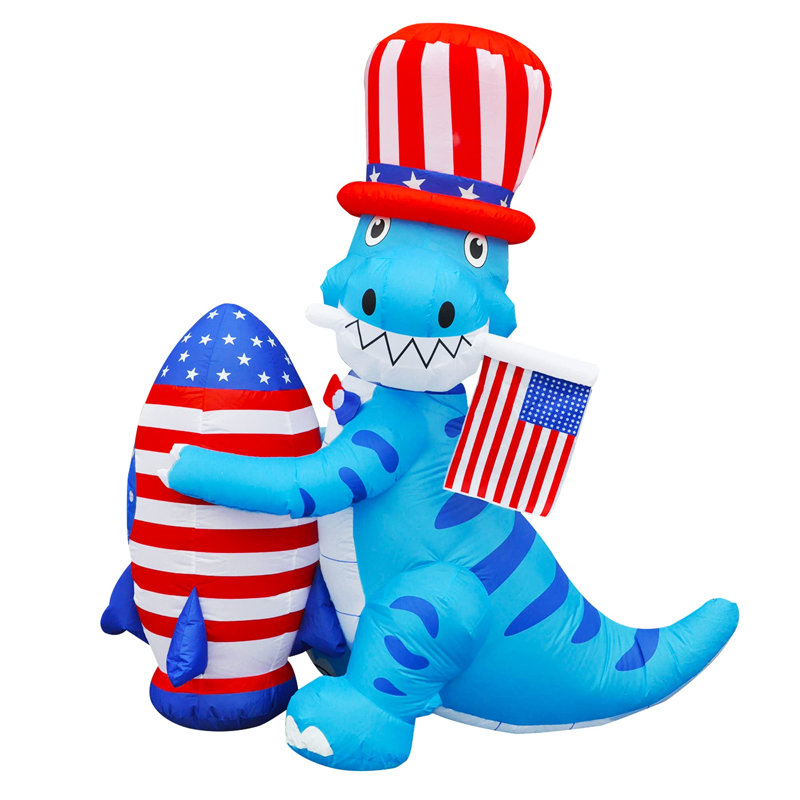 Dinosaure avec fusée et drapeau américain gonflable