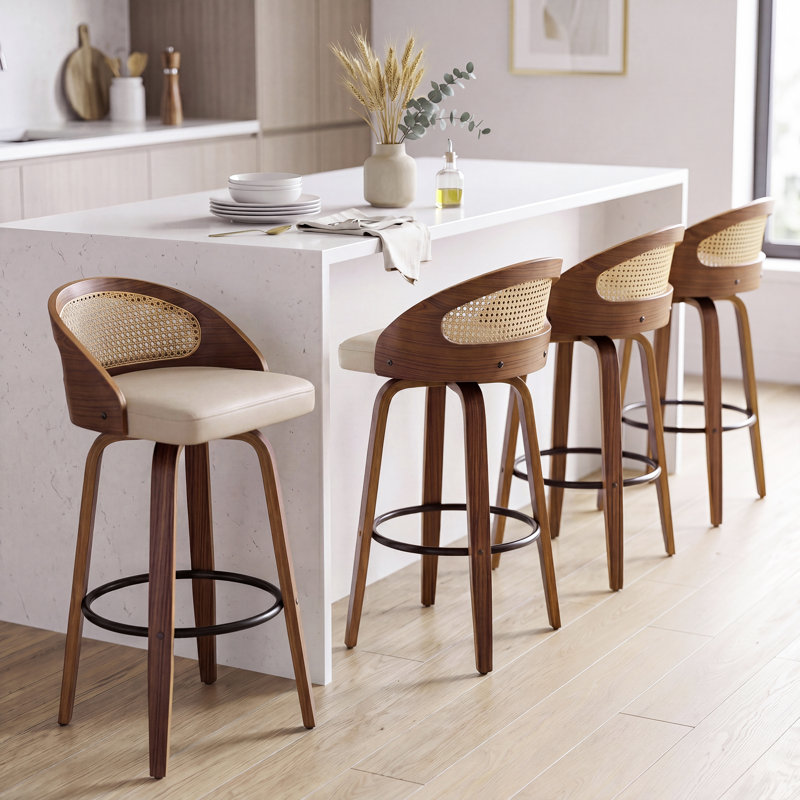 Leeana Mid-Century Modern Rattan Bar Stools With Upholstered Seat（Set Of 4), Beige, Bar Stool (30" Seat Height)