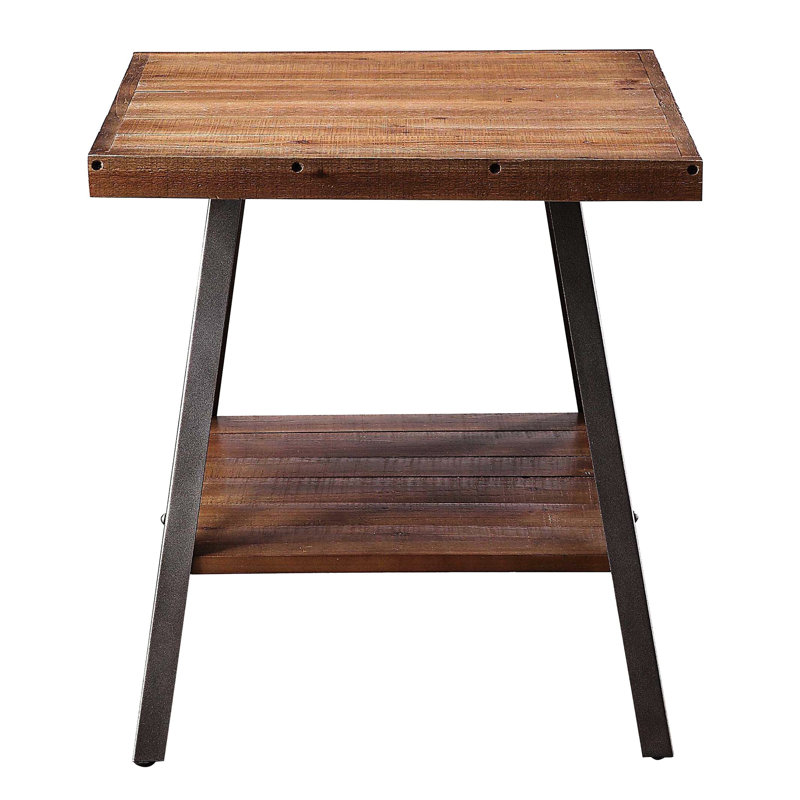 Table de bout rustique en chêne patiné et noir sablé 2 po avec tablette - décoration de salon avec 2 tables d'inspiration rétro