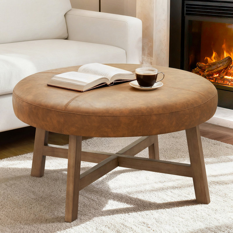 33.1" Round Leather Coffee Table, Brown