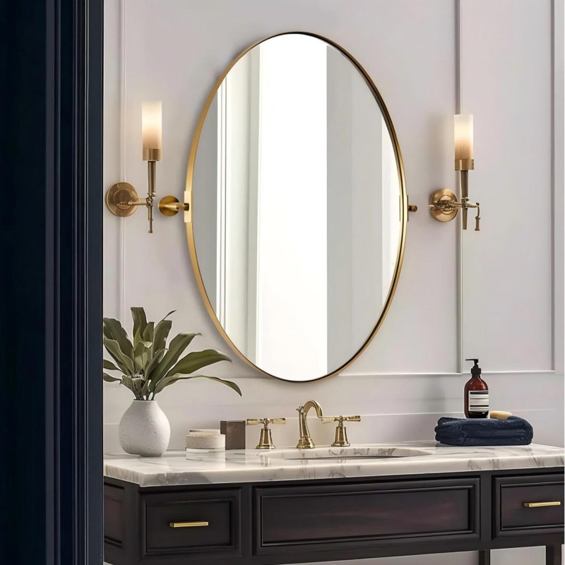  Miroir de salle de bain mural inclinable | Cadre pivotant réglable en acier inoxydable, Or brossé, 30 po x 22 po