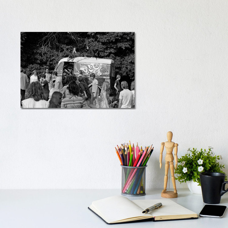 1960s Gathering Of Hippie Kids In Woods With Psychedelic Painted Van In Background by Vintage Images - Wrapped Canvas Print