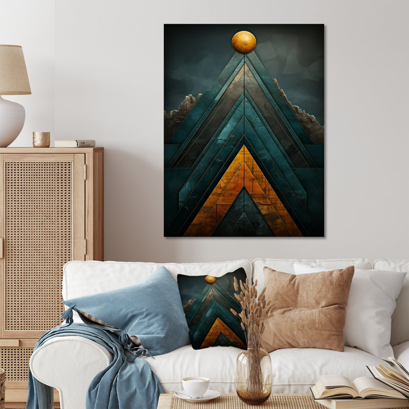 Or et bleu, pyramide de chevrons en marbre - tuile abstraite, art mural en métal, H 40 po x l 30 po x P 1,5 po