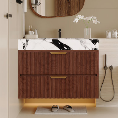 Meuble-lavabo flottant 29,9 po avec comptoir en pierre frittée et lavabo en céramique, meuble-lavabo mural moderne avec 2 tiroirs à fermeture douce, profondeur étroite pour petite salle de bain