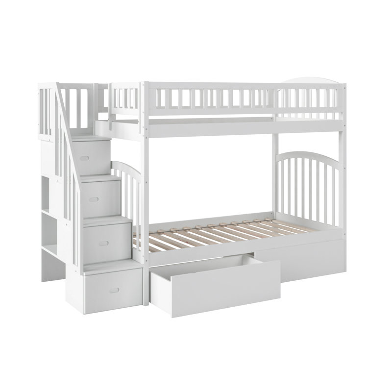 Lit superposé en bois massif avec escalier et tiroirs de rangement sous le lit Jaxson, Simple sur simple, Blanc