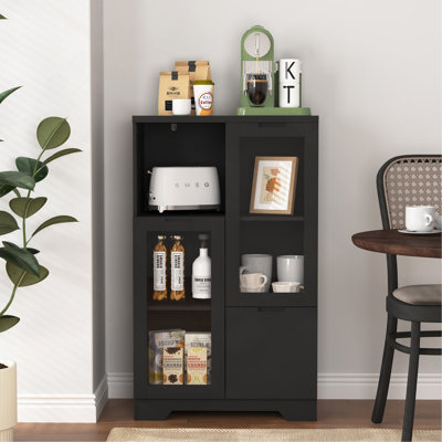 Armoire peinte en panneau de fibres à densité moyenne avec portes et tiroir en verre, espace de rangement ouvert, noir, chambre à coucher, salon