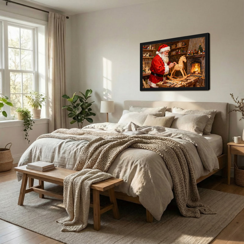 Scène d'atelier de Noël en forme de père Noël en bois, H 20 po x l 30 po
