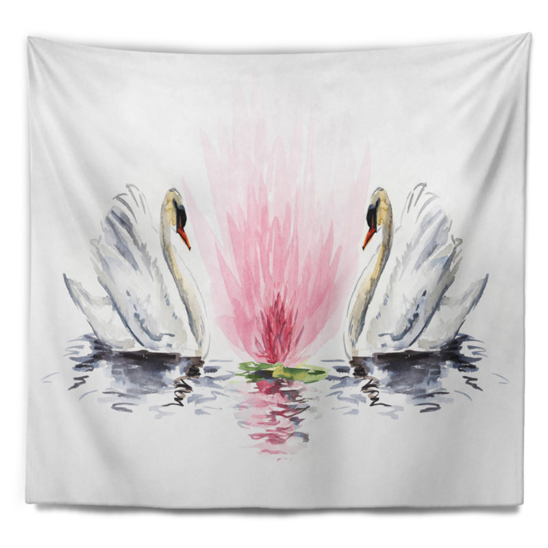 Animaux cygnes flottants sur fond blanc tapisserie, H 50 po x l 60 po