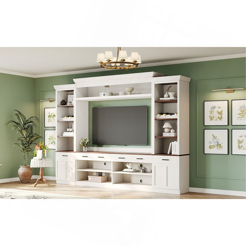 Farmhouse 4-Piece Entertainment Wall Unit Set with Bookshelf for TVs Up to 70", Walnut TV Stand with Adjustable Shelves, Mid-Century Large Media Console with Wine Rack for Living Room