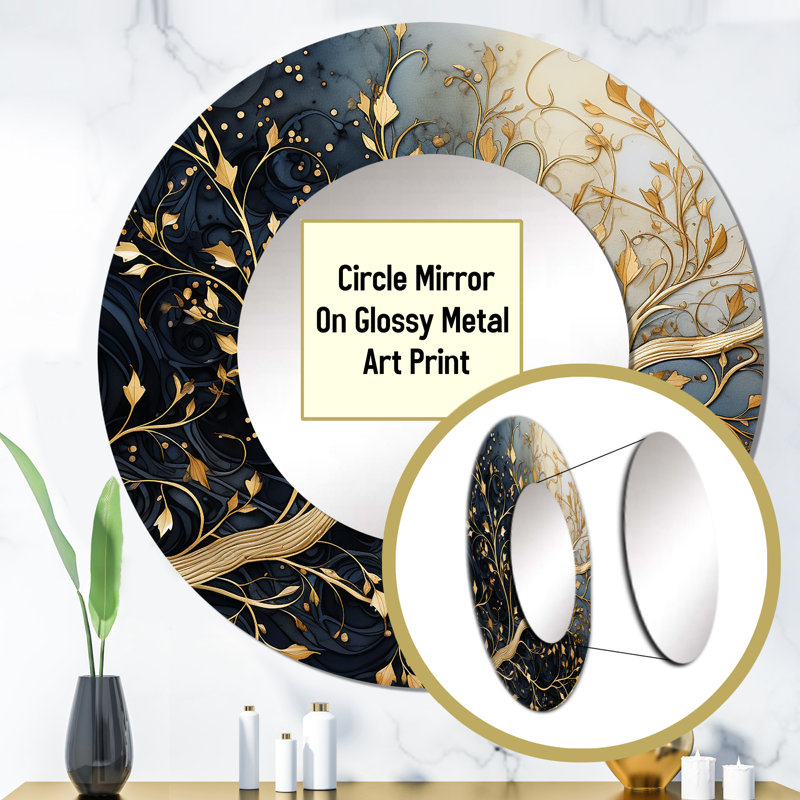 Golden Branch Tree Luminous Tangle I - Trees Large Round Mirror, 29" x 29"