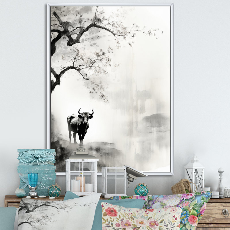 Jaceyon, art asiatique, vache Sumi XV, H 40 po x l 30 po x P 1,5 po, Cadre flottant blanc