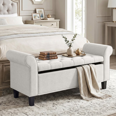 47" Storage Ottoman Bench, Tufted Long Ottoman with Storage Chest, Rolled Arms, Safety Hinge, Wooden Legs, Upholstered End of Bed Bench, 528 lbs for Bedroom, Entryway, Living Room