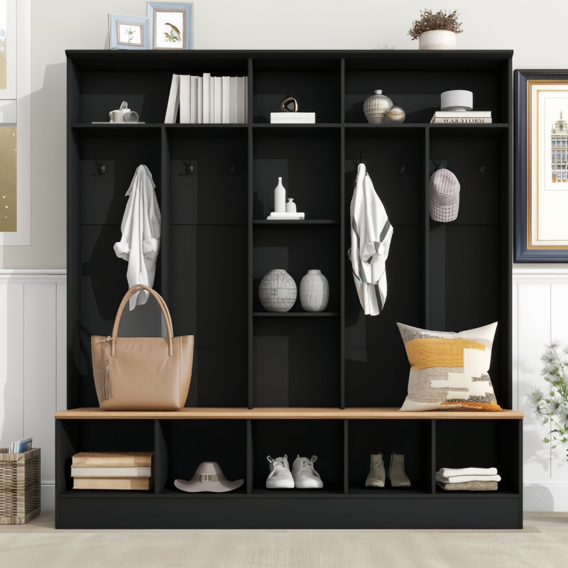 Élégant portemanteau avec banc de rangement - Armoire à chaussures minimaliste avec rangement cubique et tablettes - Portemanteau multifonctionnel avec 8 crochets pour les entrées et le vestibule, noir