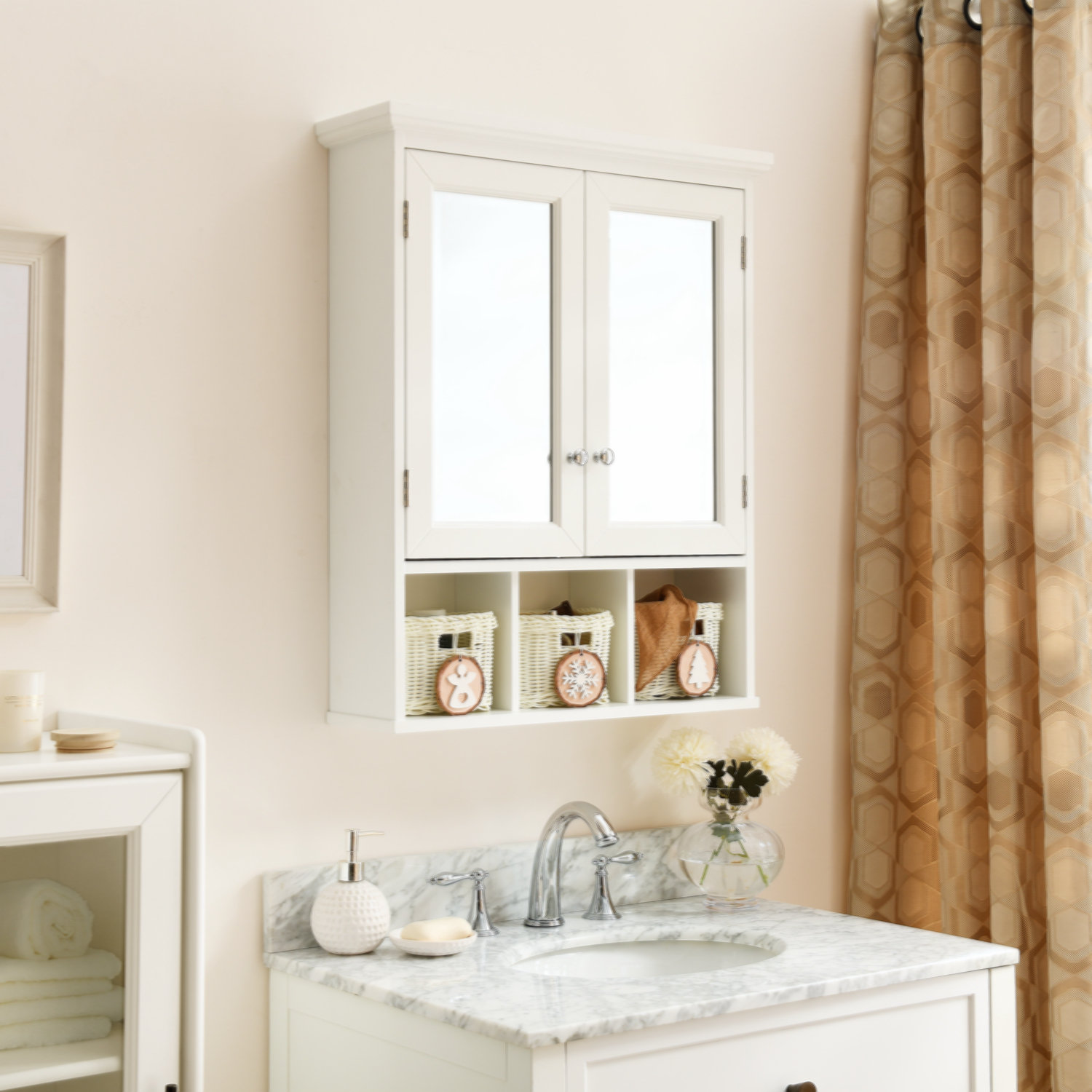 Dorset 27W 29H Wall Mounted Bathroom Cabinet With 2 Glass Cabinet Doors  And 1 Open Shelf