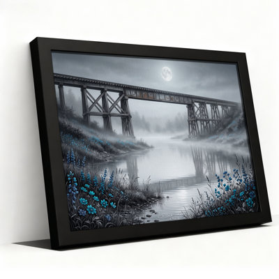 Tableau sur toile représentant un pont de bois au clair de lune orné de fleurs bleues