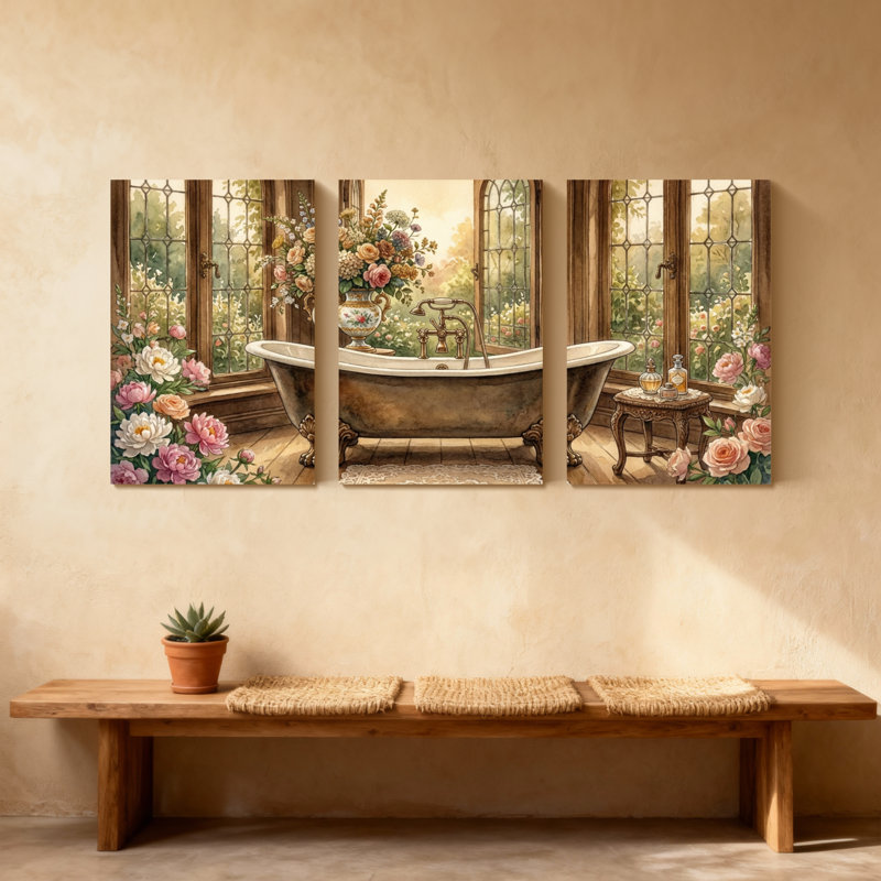 Plantes et fleurs, ensemble de 3 impressions sur toile, salle de bain romantique avec fleurs et fenêtres, H 36 po x l 72 po