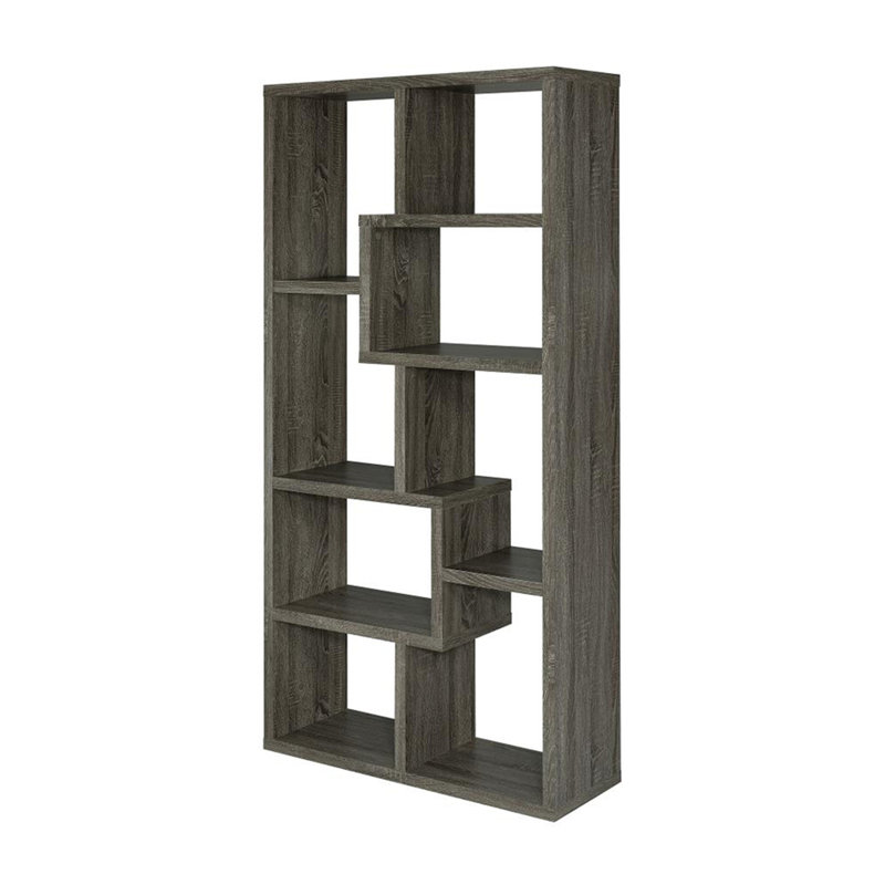 Bibliothèque géométrique avec sept (7) tablettes, étagère de rangement, meubles en bois massif, finition grise vieillie, 1 pièce