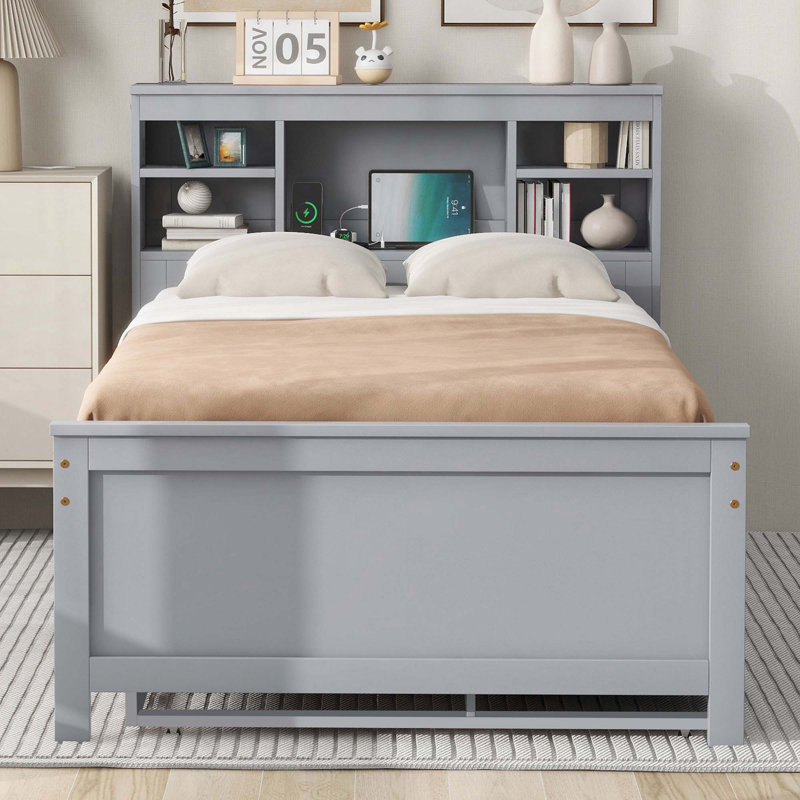 Lit plateforme avec tête de lit avec rangement, gris, Lit simple