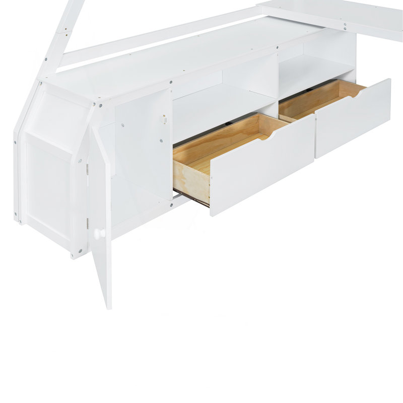 Lit mezzanine double avec 7 tiroirs, 2 tablettes et bureau - Blanc, Blanc