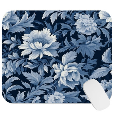 Botanical Navy Blue William Morris Damask Style I Floral Pattern Flowers & Traditional Gaming Cute Office Laptop Desk Pad Gift Mat Square Rectangle Non-Slip Mousepad