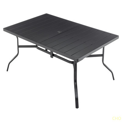 Outdoor Dining Table For 6, Powder-Coated Steel Slat Top With 2.16" Umbrella Hole, Anti-Slip Pads, E-Coating Frame, All-Weather Patio Table For Garden, Poolside, Backyard