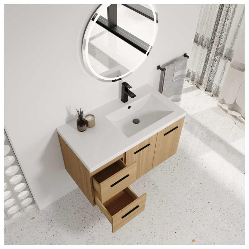 Meuble-lavabo flottant mural 36 po avec lavabo blanc brillant et chêne clair 36 po, 2 portes et 2 tiroirs modulaires