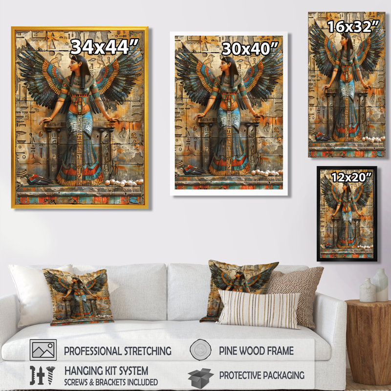 Décoration murale bleue et beige, déesse égyptienne III - Égypte, H 20 po x l 12 po x P 1 po, Toile tendue