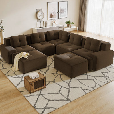 Ensemble de canapé modulaire en U avec 2 repose-pieds, canapé en coin en velours côtelé 5 places, sièges capitonnés profonds avec passepoil perlé, aucun assemblage requis et conception antidérapante