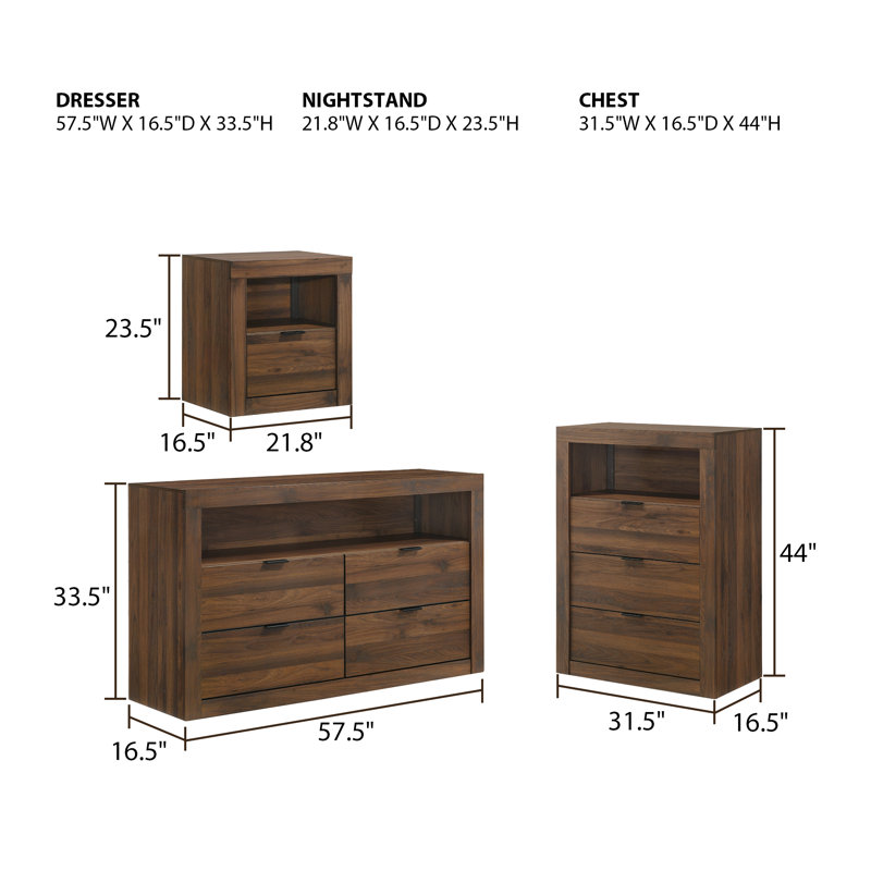 3-Pieces Bedroom Sets, Walnut