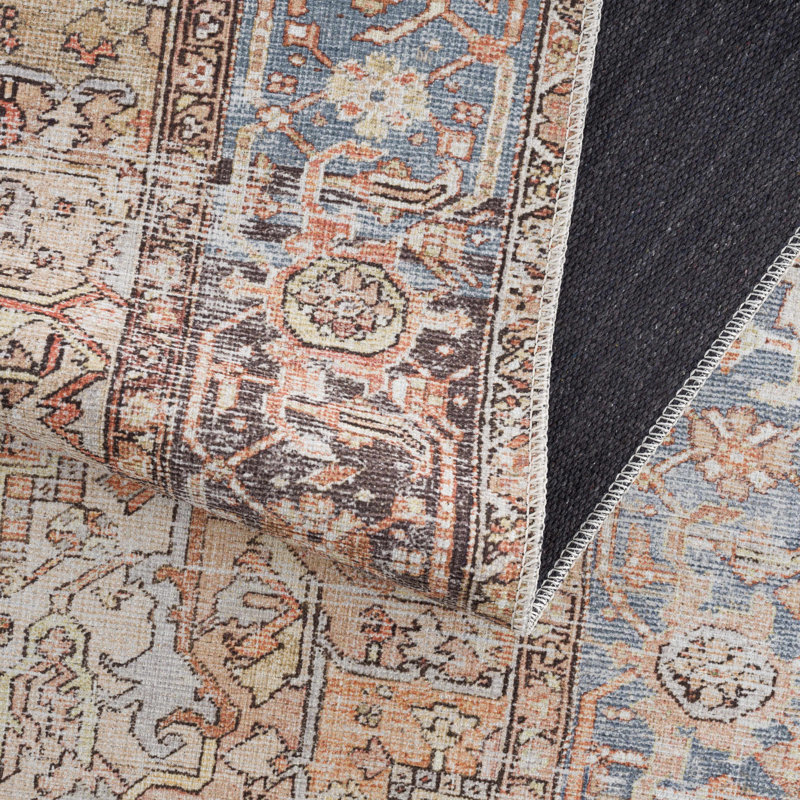 Eira Light Blue and Rust Polyester Washable Area Rug