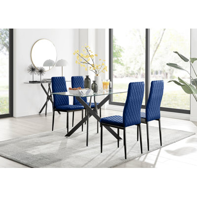Lenworth Glass Rectangular Dining Table Set with 4 Quilted Velvet Dining Chairs