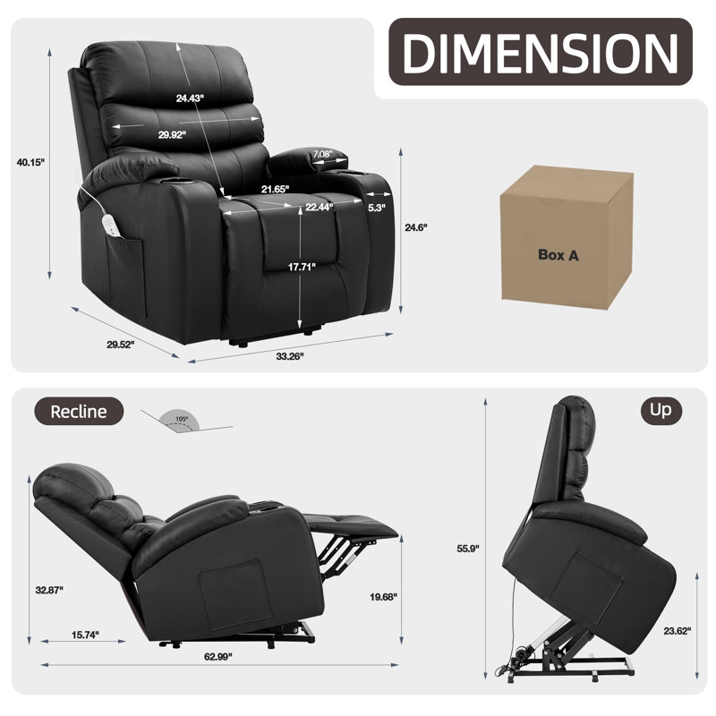 Fauteuil inclinable surdimensionné avec massage et chaleur pour personnes âgées, Noir, noir, noir, noir