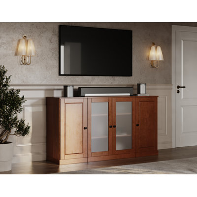 Meuble télé 100% bois massif avec panneau surélevé, portes en verre givré et tablettes réglables pour téléviseur de 65 po ou moins