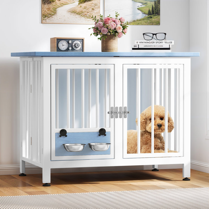  Caisse en métal pliable pour chien avec bols, Grand (H 29,10 po x l 39,30 po x P 23,60 po), Bleu