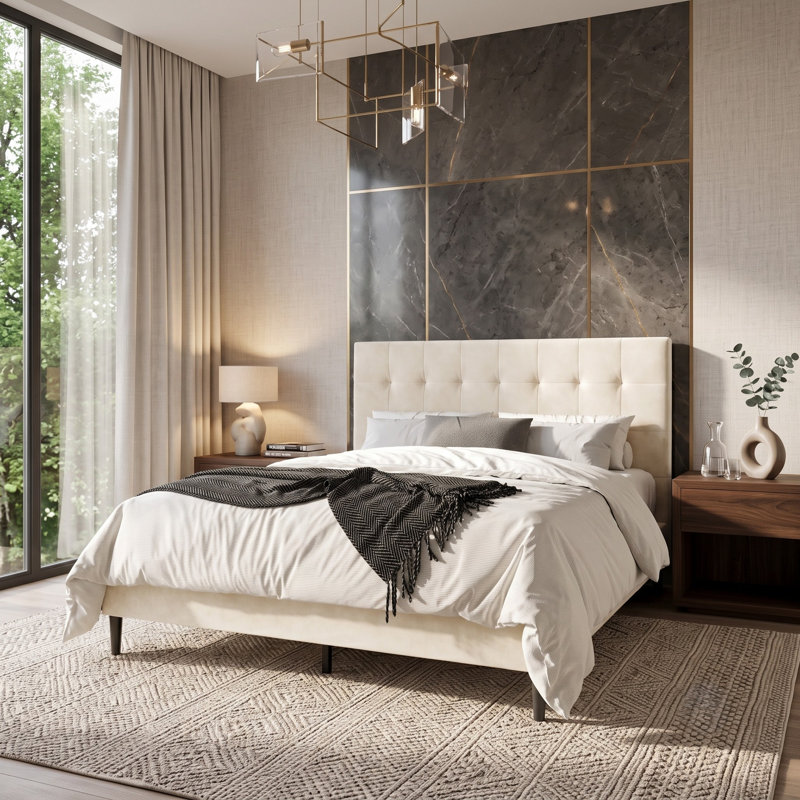 Yerington Upholstered Platform Bed, Twin, Beige