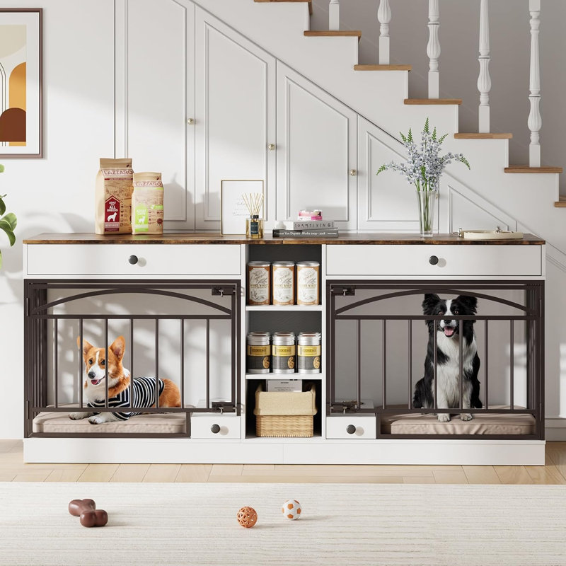 Meuble double pour cage de chien, chenil d'intérieur avec rangement et bols, meuble télé pour petits chiens de taille moyenne
