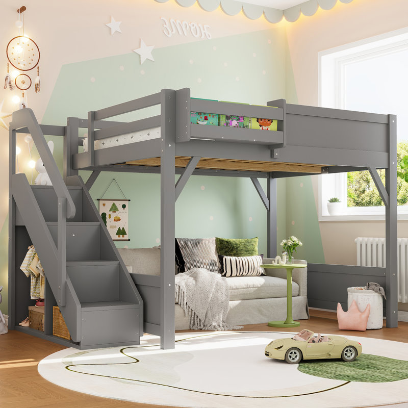 Full Solid Wood Loft Bed with Built-in Wardrobe, Storage Shelves, Full-Length Guardrails & Stairs, Gray, Gray, Full