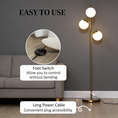 Lampe sur pied à 3 lampes globe, lampadaire doré avec abat-jour en verre givré et interrupteur au pied, lampadaire arbre moderne pour salon, chambre, coin lecture et décor d'ambiance