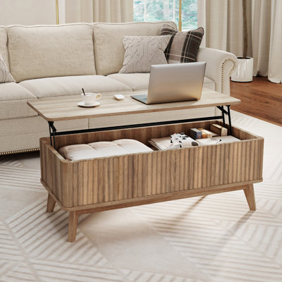 Fluted Lift Top Coffee Table 35.5" Rectangle Wooden Center Table With Lift Tabletop & Hidden Compartments