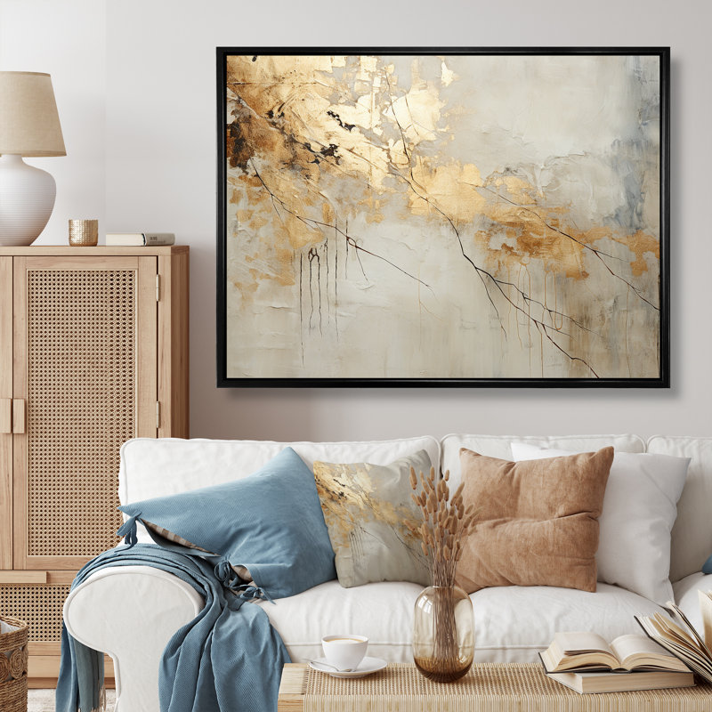 Art mural grand beige et or VI - formes abstraites, H 16 po x l 32 po x P 1 po, Cadre flottant noir