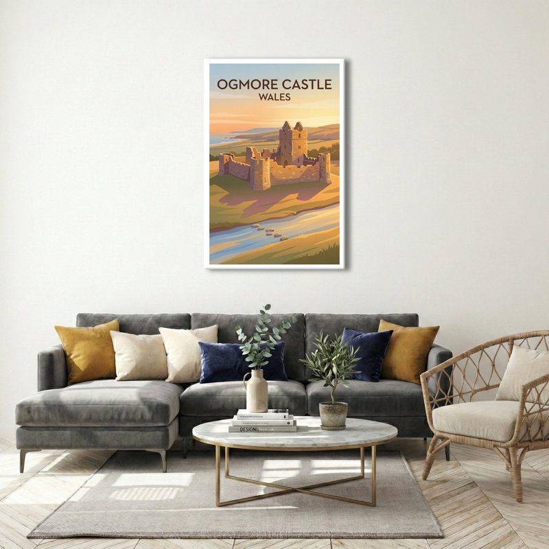 Ogmore Castle, Wales - Romantic Coastal Castle Travel Poster. Giclee Print On Wrapped Canvas. Wall Art, Home Decor - Castles & Palaces, Wales - Wrapped Canvas Print