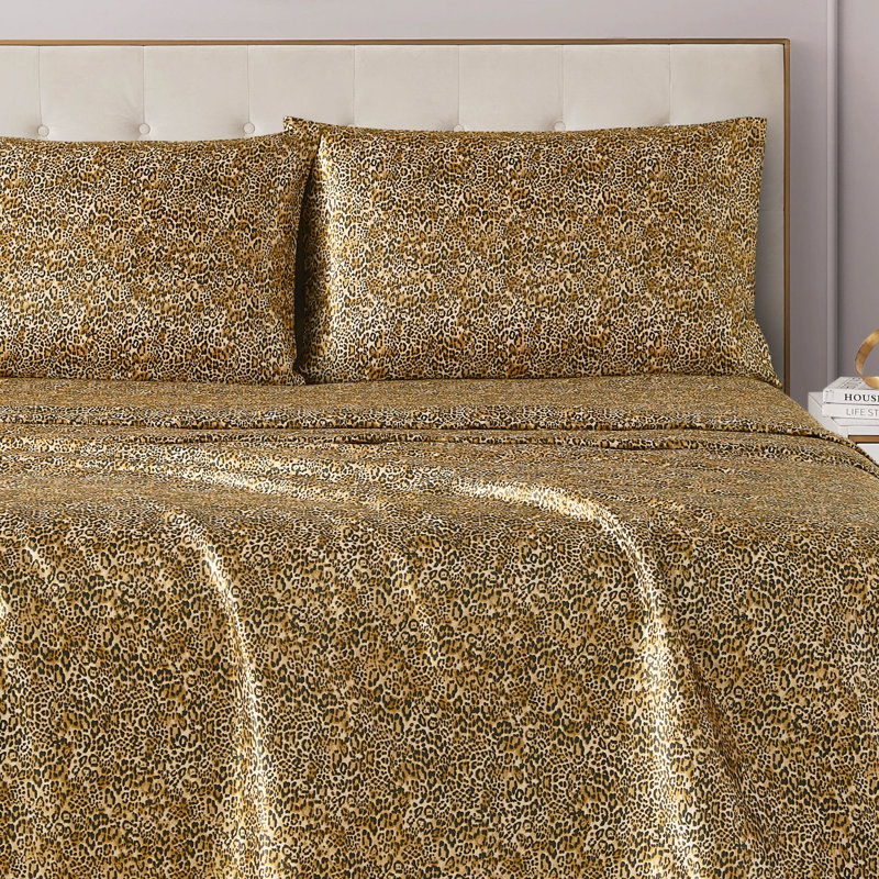 Juicy Couture Premium Silky Satin Sheet Sets, Monica Leopard, King Sheet Set with 2 Pillowcases
